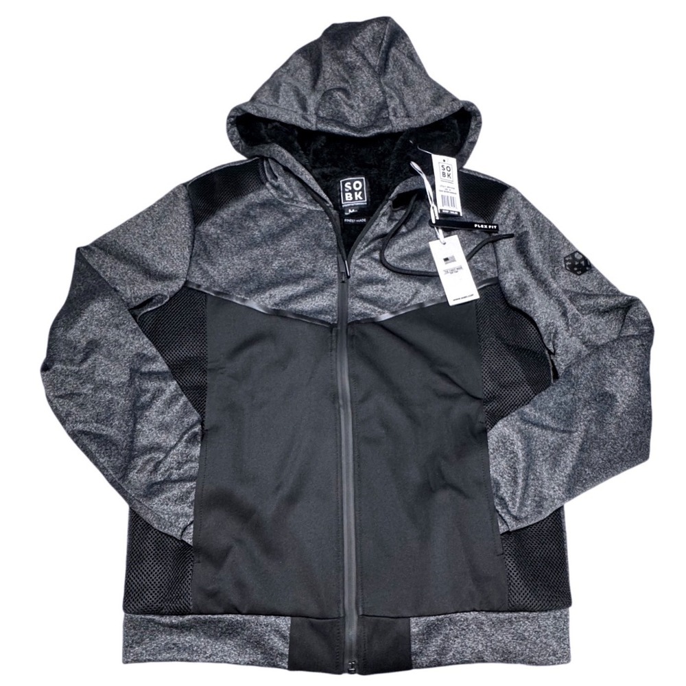 SOBK Full Zip Hoodie Mens Medium Faux Fur Lined Charcoal Black Tech Style